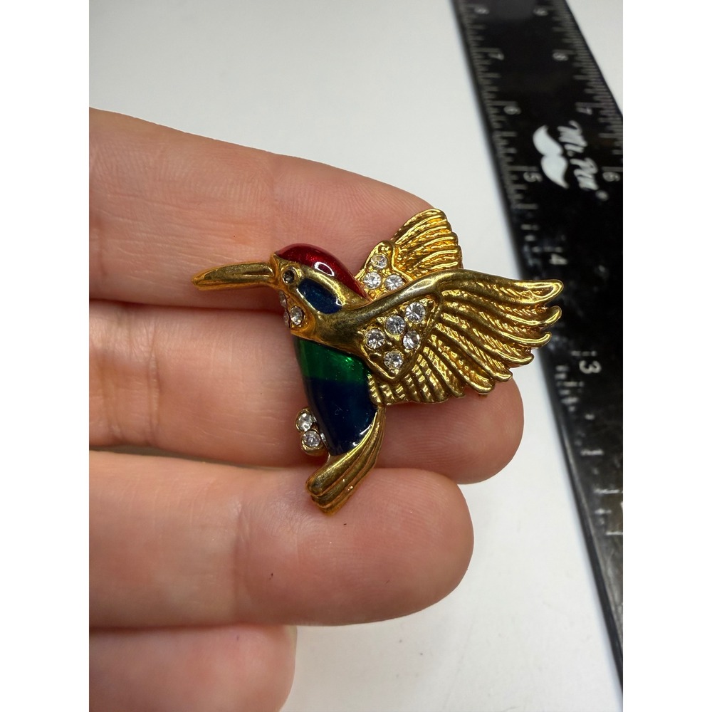 Gold Tone Enamel Rhinestone Hummingbird Brooch Pin Pendant Colorful Bird Jewelry